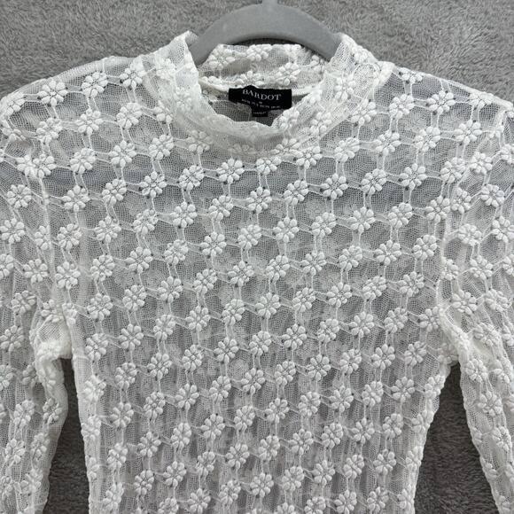BARDOT Top Women M White Lace Floral Sheer Bodysuit Snap Button Mock Neck LS - Picture 3 of 13